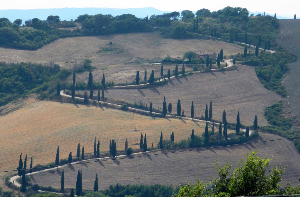 Estrada cercada de ciprestes serpentei por encosta na Toscana (Itália)