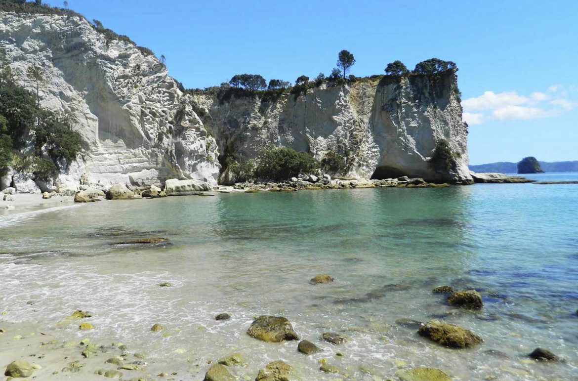 Rochedo protege a Stingray Bay, na Cathedral Cove Walk, Península de Coromandel (Nova Zelândia)