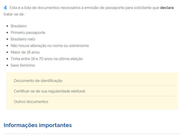 Tela mostra como preencher o formulário online para solicitar passaporte