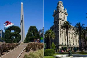 Montagem mostra fotos do Obelisco de Buenos Aires à esquerda e do Palácio Salvo à direita