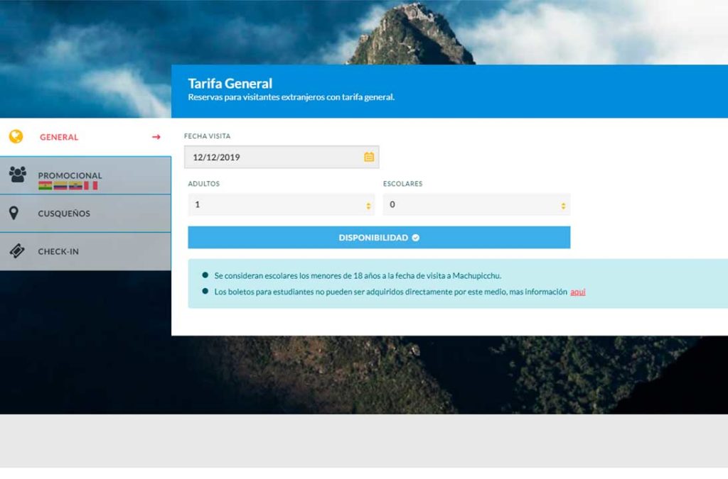 Primeira tela da compra do ingresso pela Machu Picchu pela internet