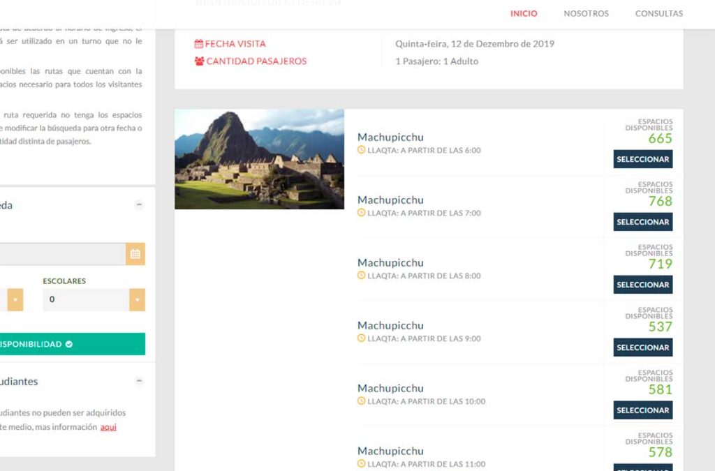 Segunda tela da compra do ingresso pela Machu Picchu pela internet