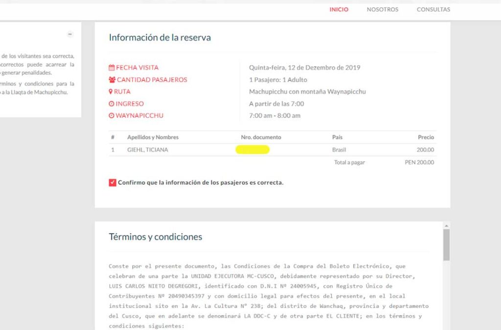 Quarta tela da compra do ingresso pela Machu Picchu pela internet