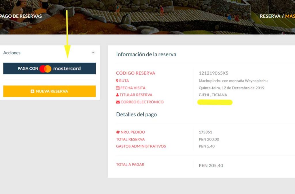 Sétima tela da compra do ingresso pela Machu Picchu pela internet