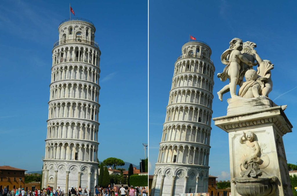 Montagem de fotos mostra a Torre de Pisa sozinha e a Torre de Pisa ao lado de uma fonte