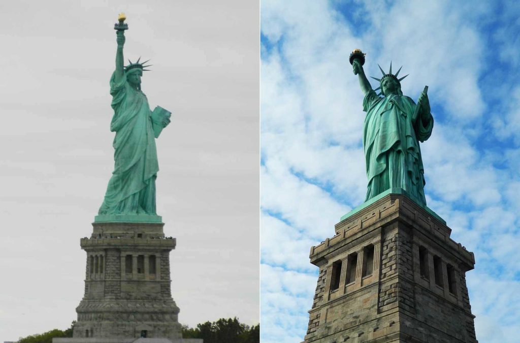 Montagem mostra fotos da Estátua da Liberdade em um dia nublado e em um dia de sol