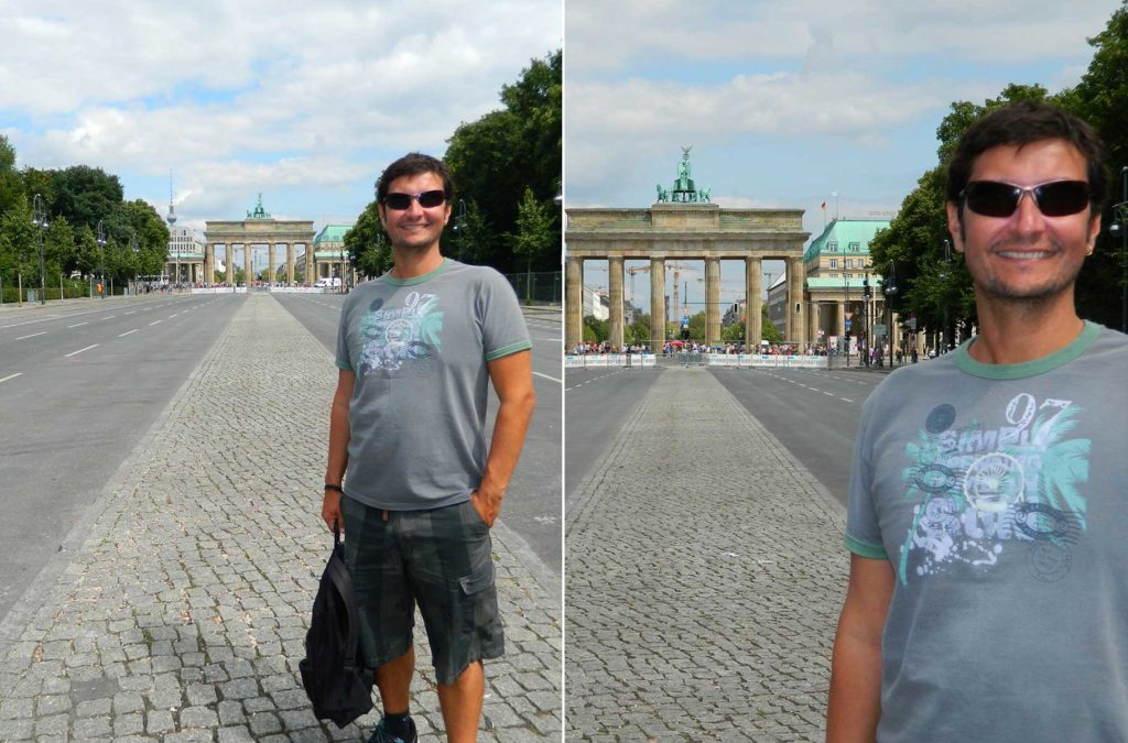 Montagem mostra fotos de um homem em frente ao Portão de Brandemburgo tiradas de longe e perto