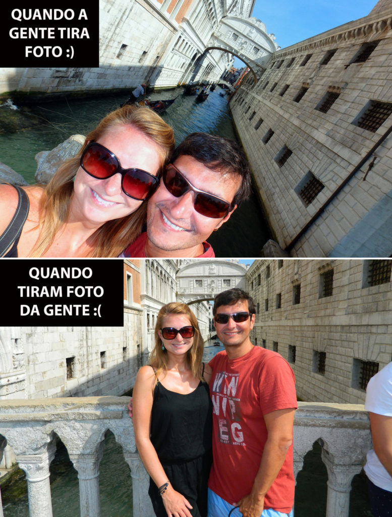 Montagem mostra selfie bem tirada em Veneza, na Itália, e foto ruim tirada por outra pessoa no mesmo local