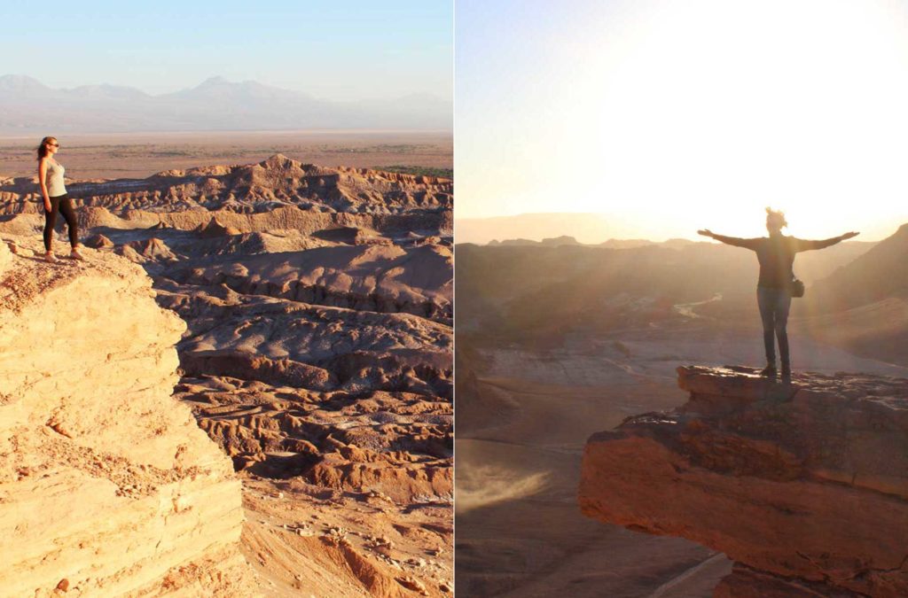 Montagem mostra mulheres posando para foto a favor e contra a luz do sol no Deserto do Atacama