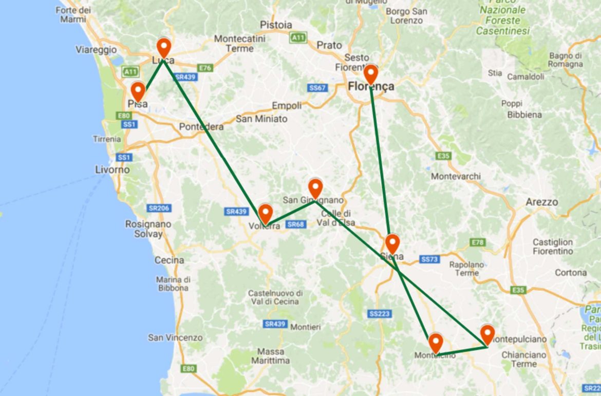 Sob o sol da Toscana! Confira roteiro para de 1 a 8 dias de viagem Roteiro na Toscana - Mapa