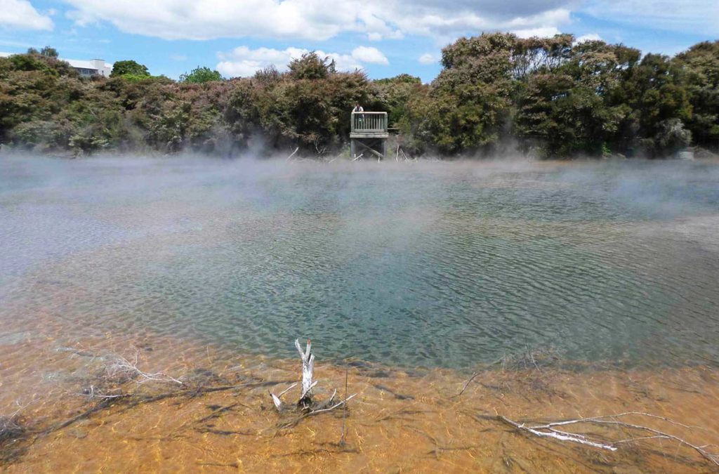 Neblina emerge de lago fervente no Parque Kuirau, atração de graça em Rotorua (Nova Zelândia)