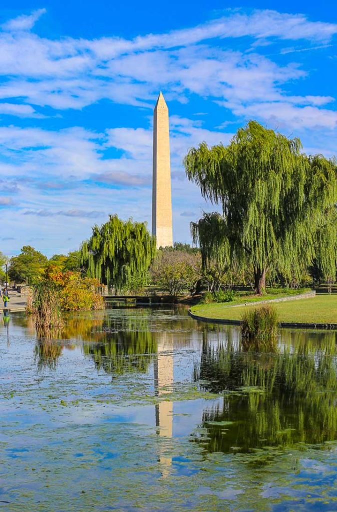 Imagem do Obelisco refletida em lago do National Mall, em Washington