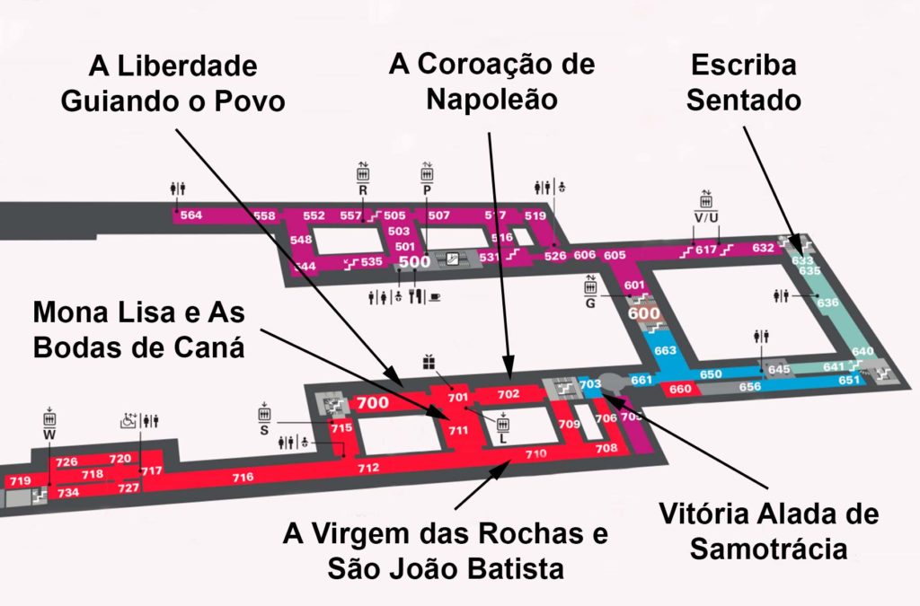 Mapa das obras do 1º andar do Museu do Louvre