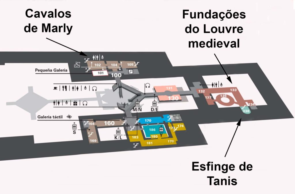 Mapa das obras no 1º subsolo do Museu do Louvre