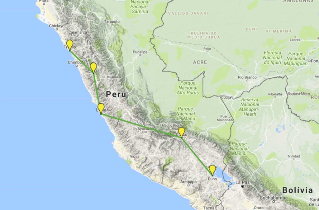 Mapa do roteiro no Peru, de Trujillo ao Lago Titicaca