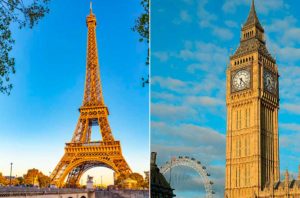 Montagem mostra a Torre Eiffel à esquerda e o Big Ben à direita