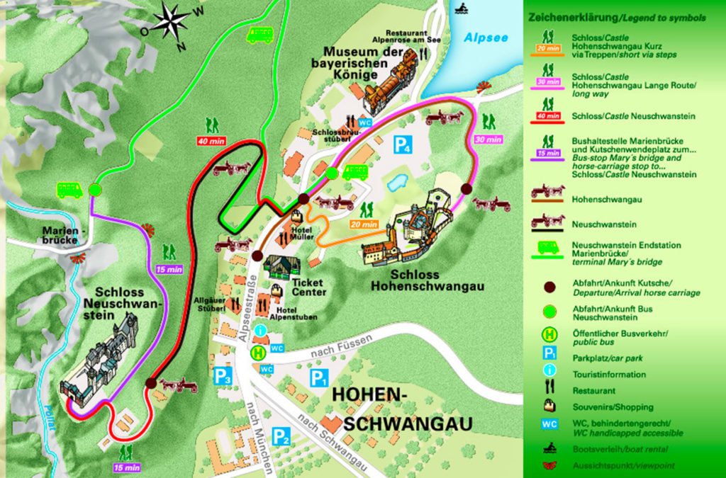 Mapa mostra como visitar os castelos de Schwangau, atração da Rota Romântica
