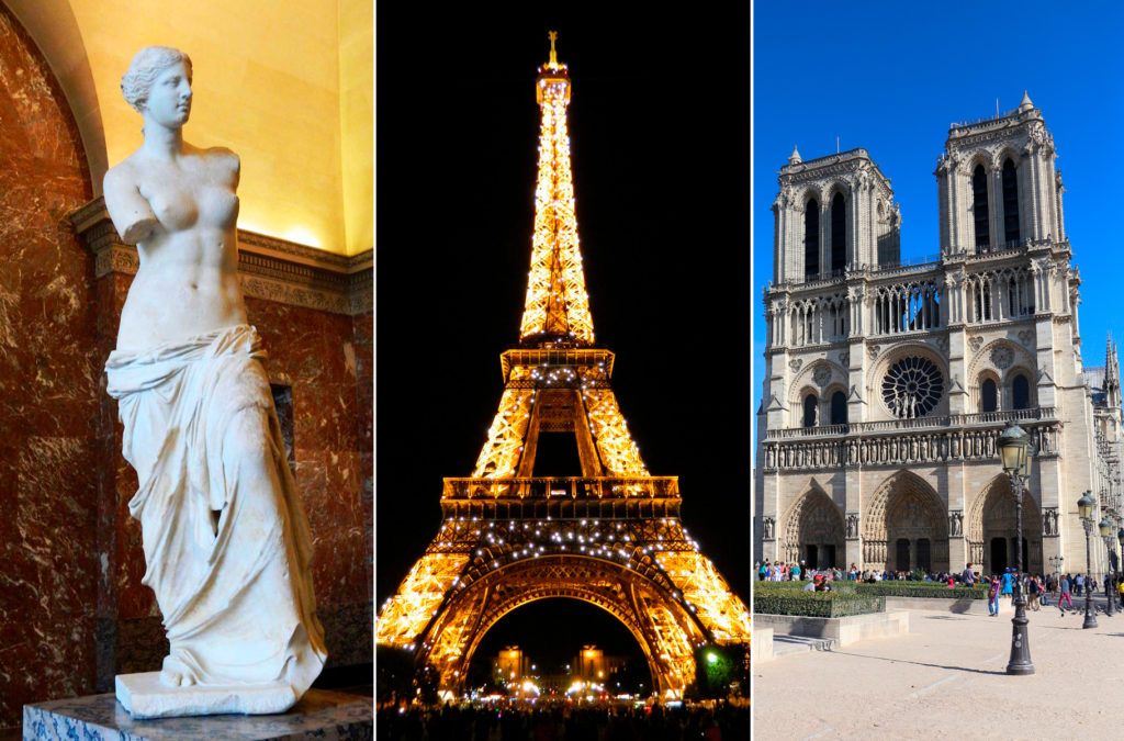 Montagem mostra pontos turísticos de Paris: Museu do Louvre, Torre Eiffel e Notre-Dame