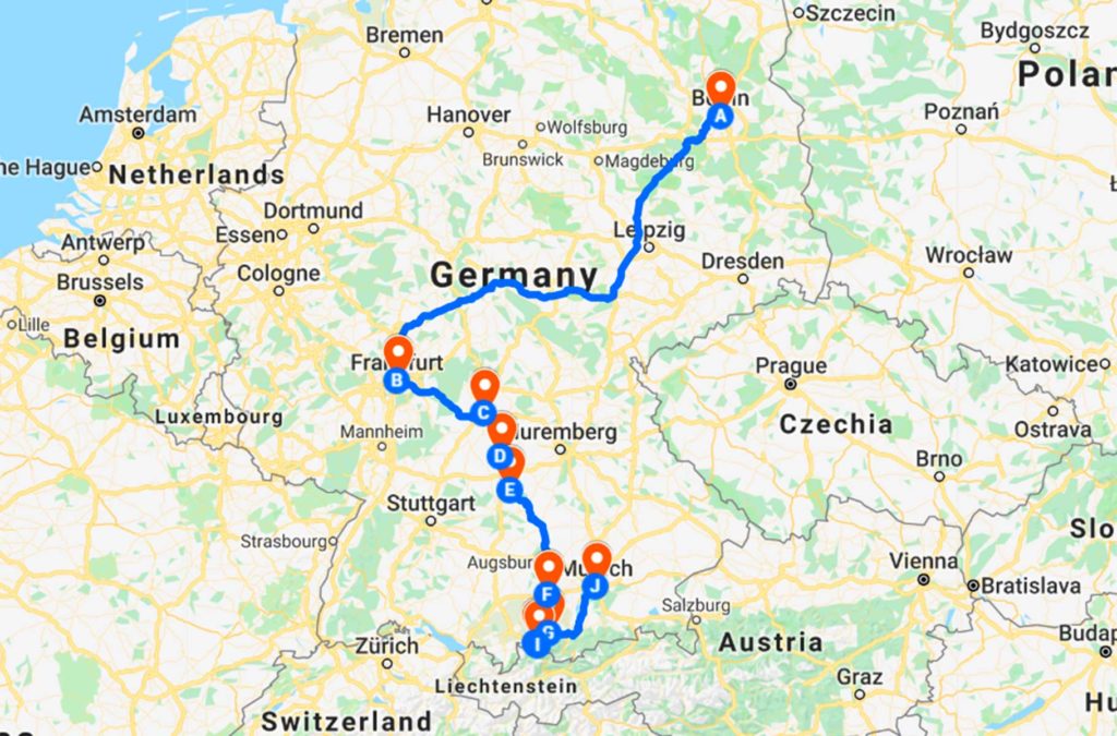 Mapa do roteiro na Alemanha