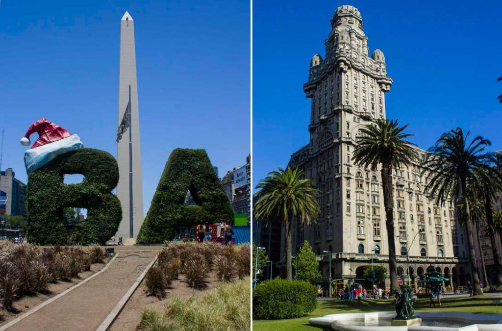 Obelisco de Buenos Aires à esquerda e Palácio Salvo de Montevidéu à direita