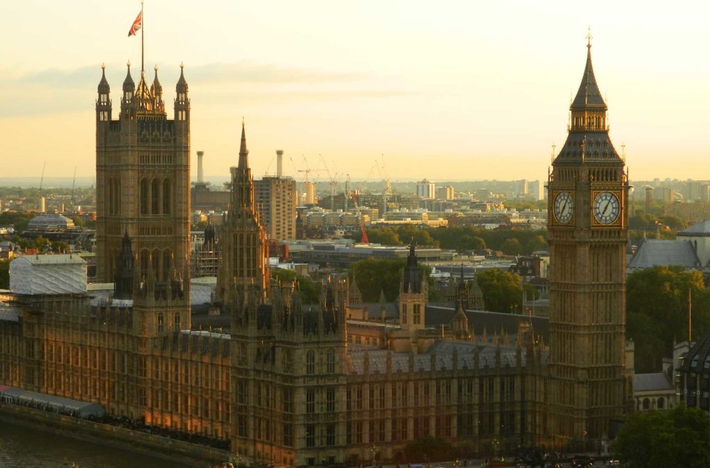 Parlamento britânico e Big Ben vistos do alto da London Eye