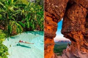 Montagem mostra foto de fervedouro do Jalapão na esquerda e do Portal da Chapada na direita