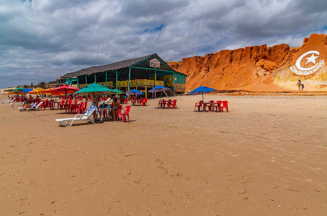 Barracas de praia em frente ao símbolo de Canoa Quebrada