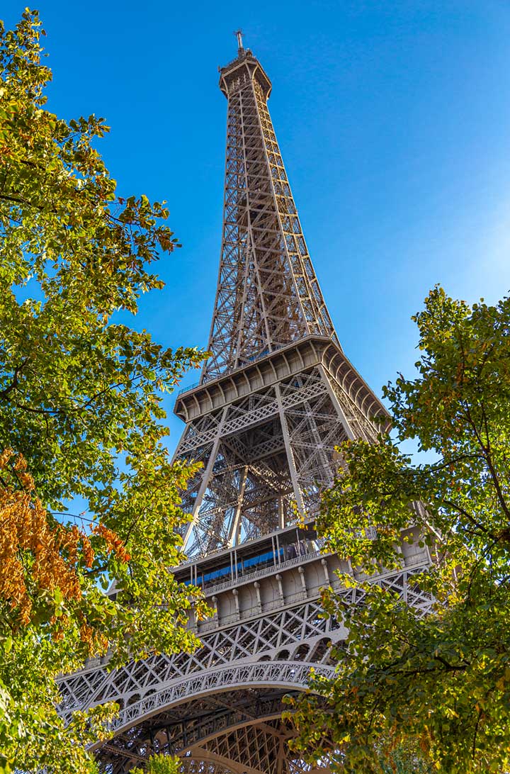 Torre Eiffel vista em meio às árvores do Campo de Marte, em Paris
