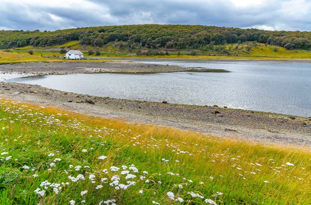 Paisagem da histórica Estância Harberton, construída às margens do Canal Beagle, em Ushuaia