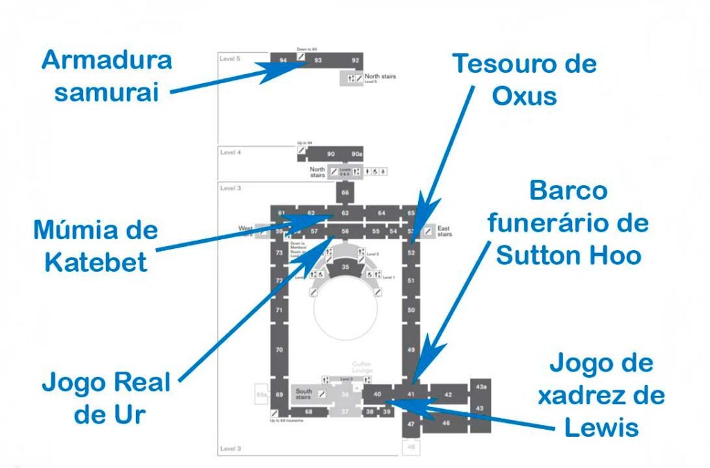 Mapa mostra salas e atrações do 3º e 5º andares do Museu Britânico