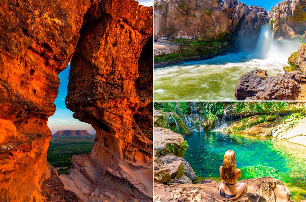 Montagem mostra fotos do Portal da Chapada, da Cachoeira da Prata e do Poço Azul