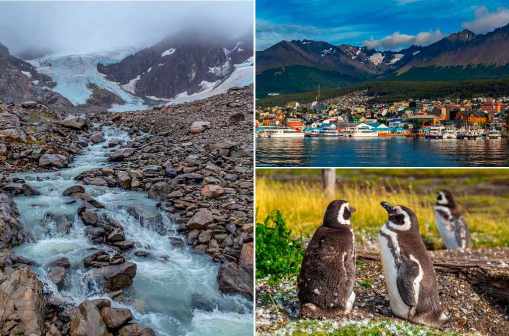 Montagem mostra fotos do Glaciar Vinciguerra, dos pinguins de Isla Martillo e Ushuaia vista do mar