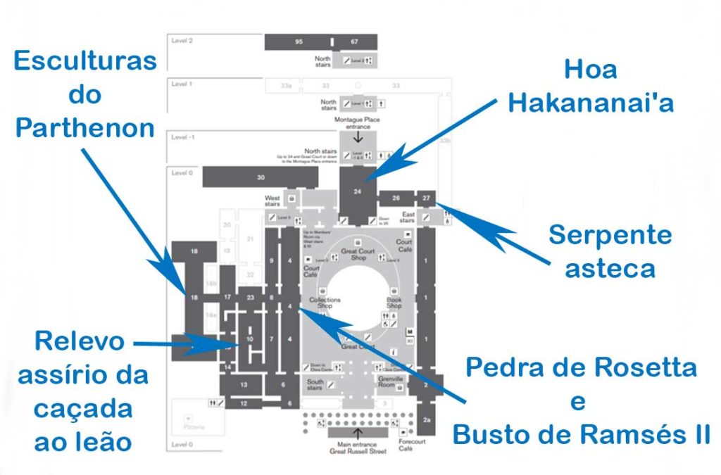Mapa mostra salas e atrações do térreo do Museu Britânico