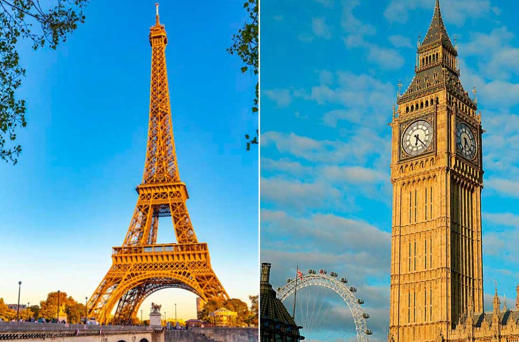 Montagem mostra a Torre Eiffel à esquerda e o Big Ben à direita
