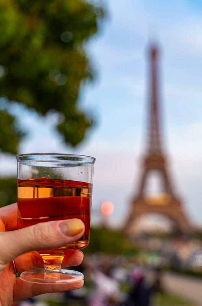 Mão segura copo de vinho nos Jardins do Trocadero, com a Torre Eiffel ao fundo