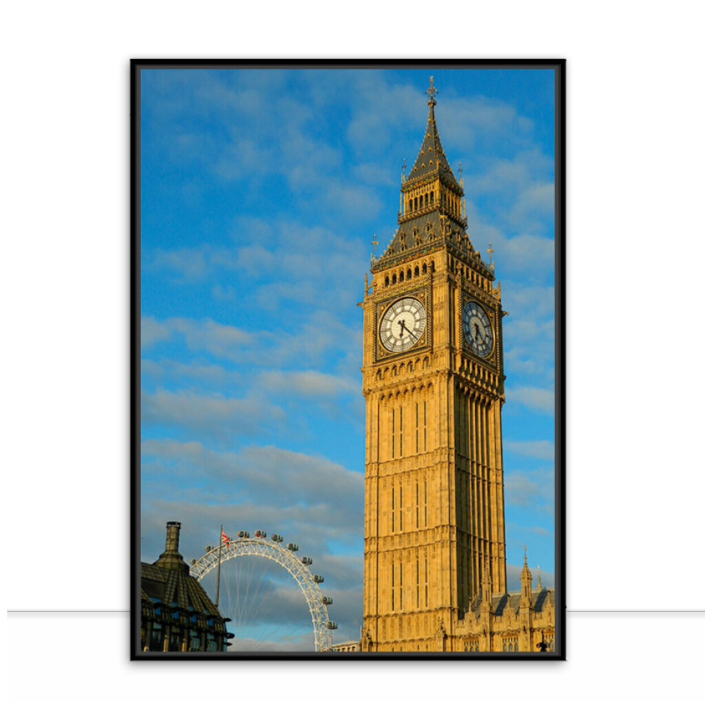 Quadro mostra o Big Ben, principal atração turística de Londres, iluminado pela luz dourada do entardecer