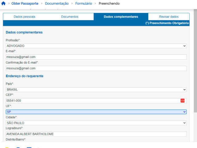 Tela mostra como preencher o formulário online para solicitar passaporte