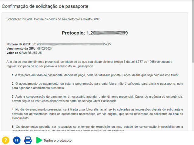 Tela mostra as opções de pagamento da solicitação de passaporte